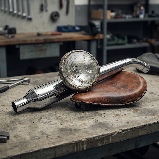 Salvaged motorcycle components in a workshop